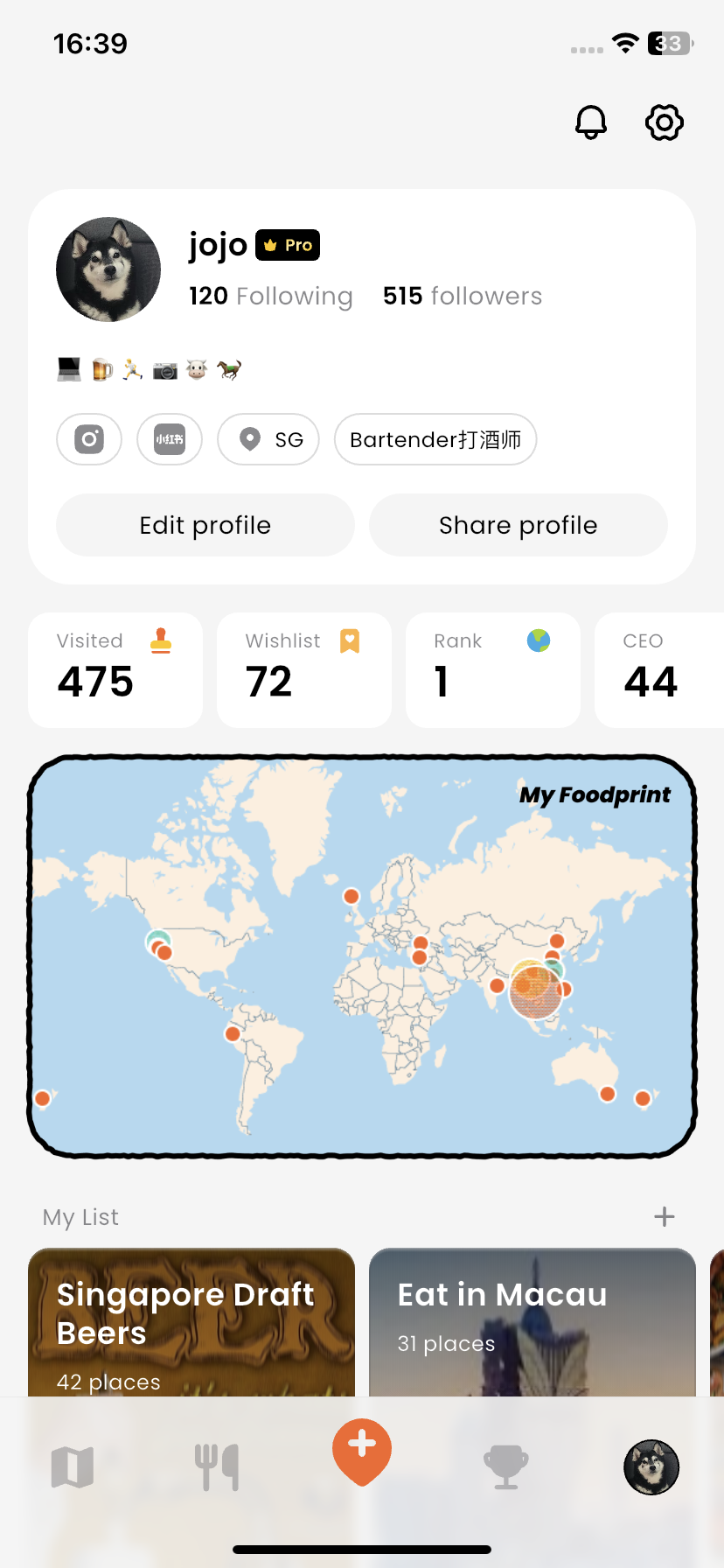 Profile summary and foodprint map