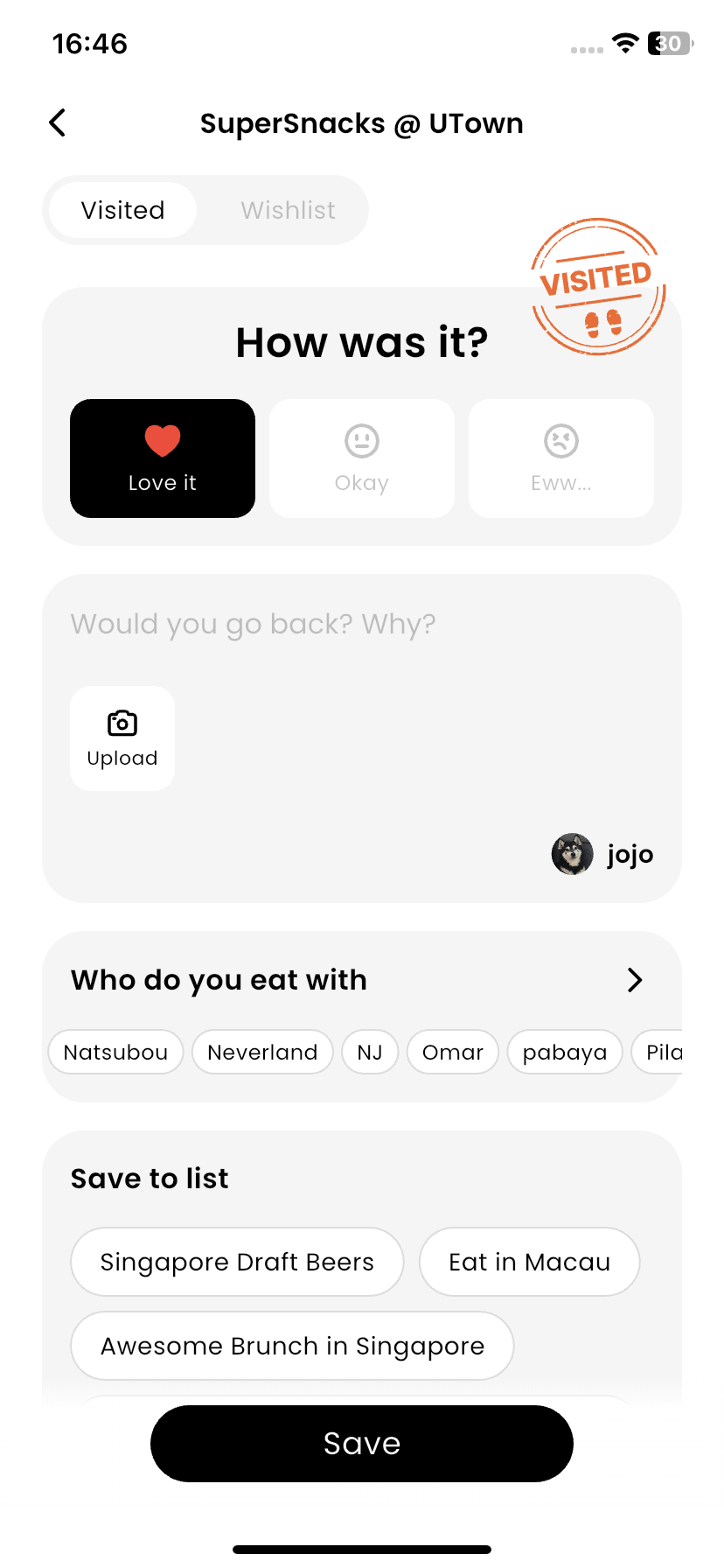 Comments, photos, dining companions, and lists